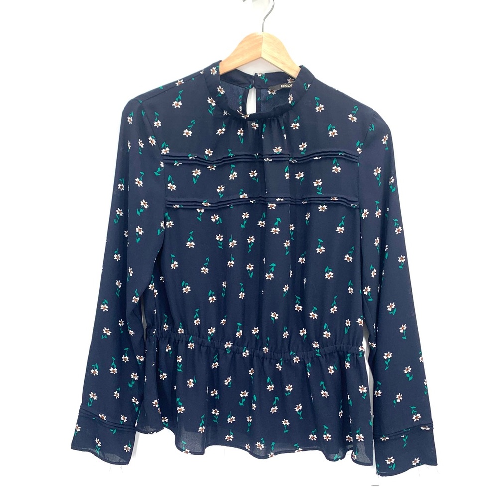 ASOS Only Blue Flora Sheer Long Sleeve High Neckline Top Blouse Size Medium